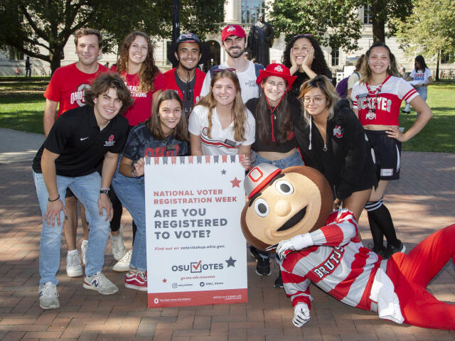 OSU Votes registers students to vote with help from Brutus at the Oval.